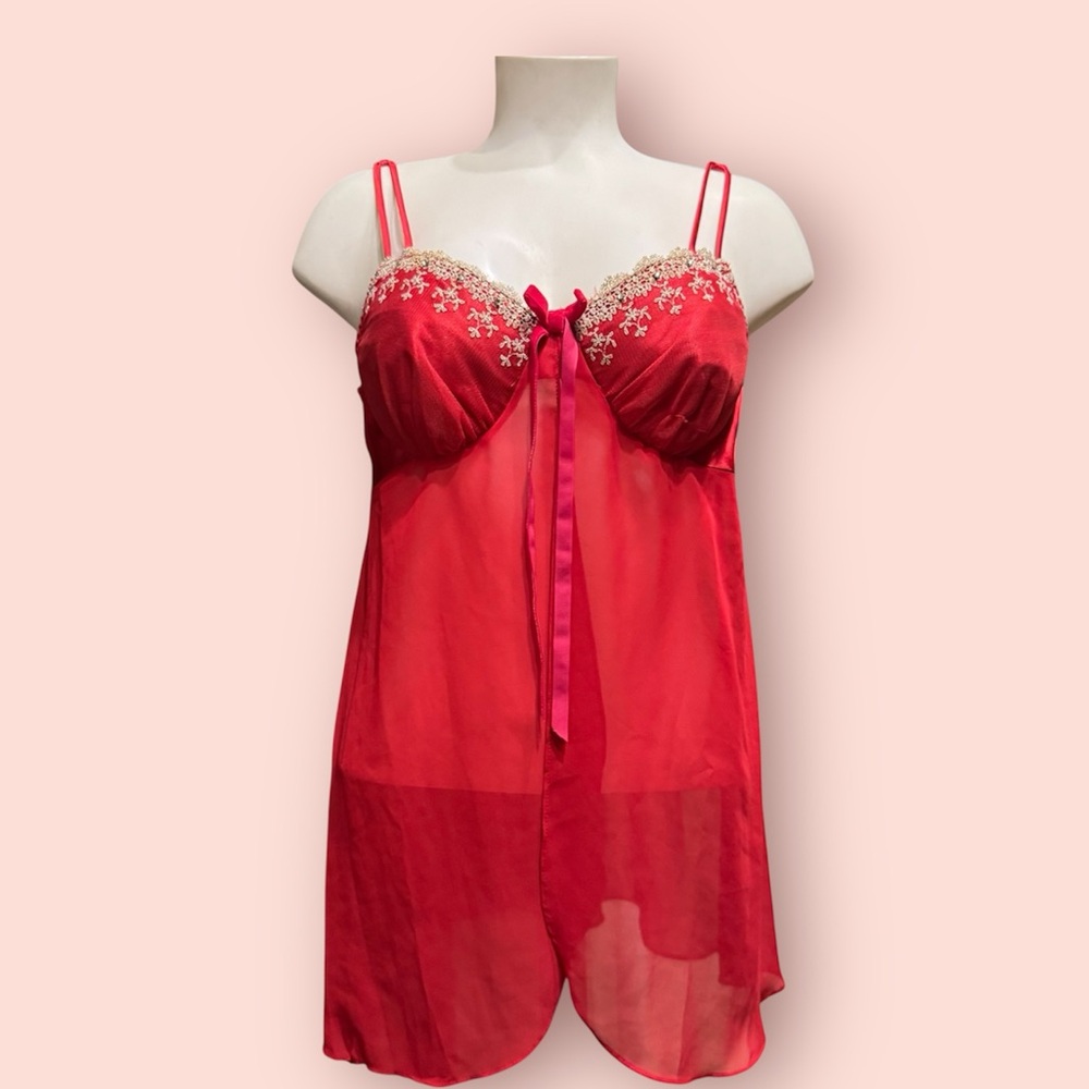 Red/Gold Sheer Split Babydoll Chemise Mini Dress
